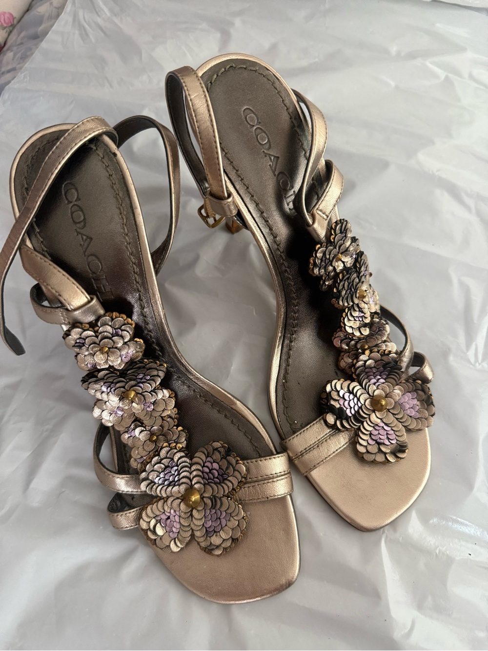 Coach Metallic Gold Floral Sequin Slingback Heels